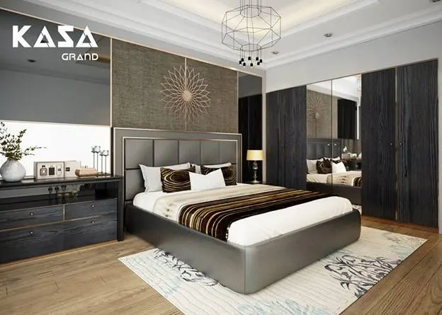 Sản phẩm POSH Atelier với phần đầu giường bọc da cá sấu và cánh tủ verneer gỗ mun Ý