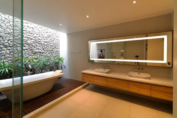 Trang trí phòng tắm với ánh sáng và vật liệu tự nhiên