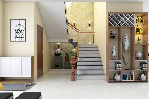 Cầu thang vách kính và trang trí họa tiết tạo điểm nhấn