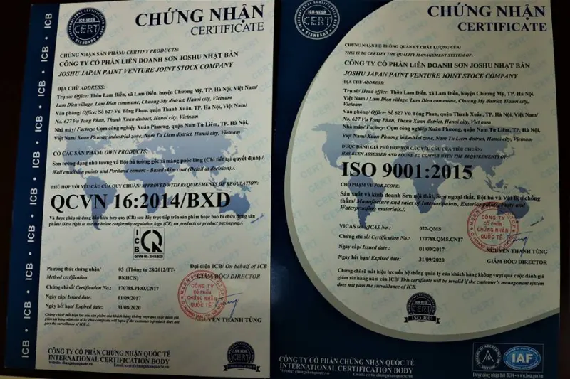 Sơn Joshu đạt được nhiều chứng nhận chất lượng tiêu chuẩn