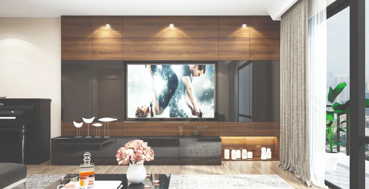 Bức tường kính được thay thế gioisp phòng khách đón tối đa ánh sáng từ thiên nhiên