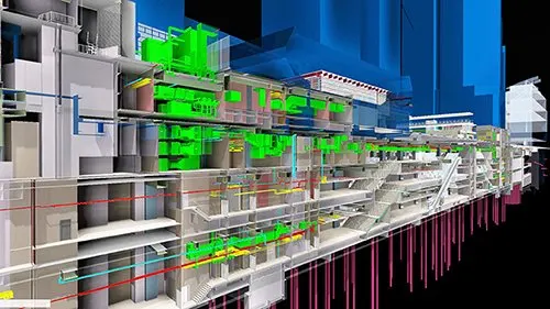 Hồ sơ BIM mô tả nhà ga MTR, trên nhà ga là Trung tâm thể thao. Dưới đường hầm là một tuyến đường MRT với các thiết bị cơ điện phức tạp trong một tổ hợp kiến trúc có nhiều chủ sở hữu cùng tham gia đầu tư xây dựng. BIM đã tạo điều kiện cho thiết kế và phối hợp đa ngành.