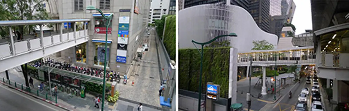 Đường đi bộ trên cao (Skywark) kết nối ga Skytrain với trung tâm thương mại, căn hộ cao cấp làm gia tăng giá trị bất động sản gần các tuyến ĐSĐT do BTS vận hành (9/2018)