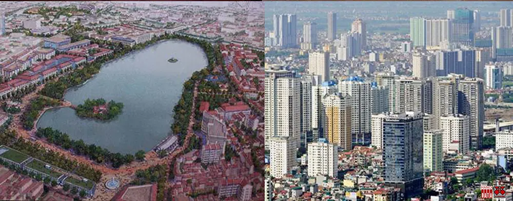 Phương án quy hoạch Hồ Gươm và vùng phụ cận do Nikken Seikkei đề xuất 2009 và hình ảnh nhà ở cao tầng phía Tây Hà Nội 2018. Ảnh: TLTG