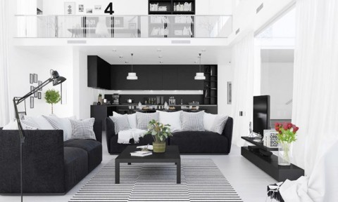 Phòng khách với hai tông màu đen-trắng ấn tượng
