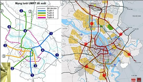 Sơ đồ mạng lưới UMRT trong tài liệu HAIDEP công bố 2006: các tuyến đường sắt số 1,2,3 thực hiện cho đến năm 2018 cơ bản theo sơ đồ này; Tích hợp ĐSĐT với ĐSQG Citysolution đề xuất 2018 - Nguồn: Hanoidata