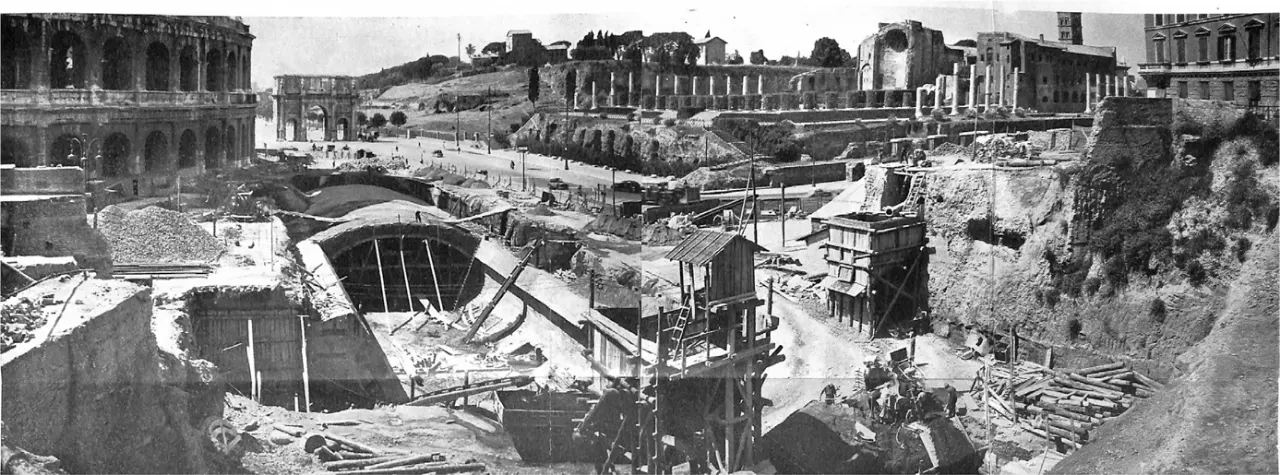 Hình 1: Đường tàu điện ngầm Line B ở Rome. Công trường nằm ngay chân đấu trường Colosseum và cổng Constantine (Nguồn: PERRONE)