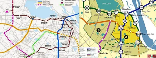 Hình 2: Mặt bằng nhà ga Termini, hệ thống tàu điện ngầm đã quét qua 1 phần khu vực khảo cổ giá trị (trái), Ảnh công trường xây dựng phía sau tường thành Servius (Nguồn: PERONE)