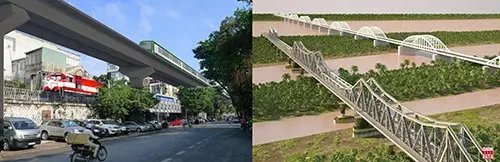 Phương án ĐSĐT đã tạm dừng năm 2014: Hạn chế của việc tách rời các dự án đầu tư tốn kém và không hỗ trợ lẫn nhau. ĐSĐT trên cao đi bên cạnh ĐSQG, cả hai tuyến đường sắt vẫn cản trở đường bộ trong phố và không hỗ trợ bảo tồn cầu Long Biên - Nguồn: Hanoidata ST&BT