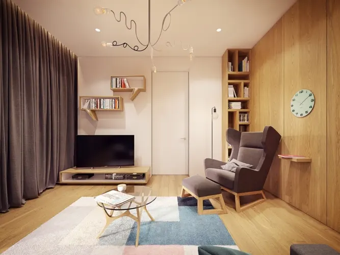 Kệ tivi thấp vừa với tầm mắt khi ngồi tại ghế sofa hay ghế chờ, phần diện tích trên kệ được tận dụng để đặt giá sách độc đáo