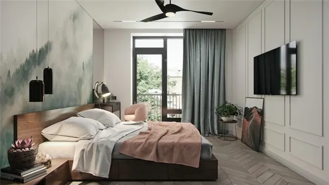 Bức tranh đầu giường tăng thêm cảm giác thơ mộng cho căn phòng, cửa trượt cạnh ban công nối thẳng phòng ngủ với khu vực bên ngoài
