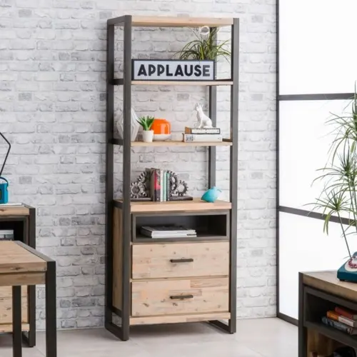 Kệ sách gồm kệ mở và ngăn kéo phục vụ các nhu cầu lưu trữ khác nhau