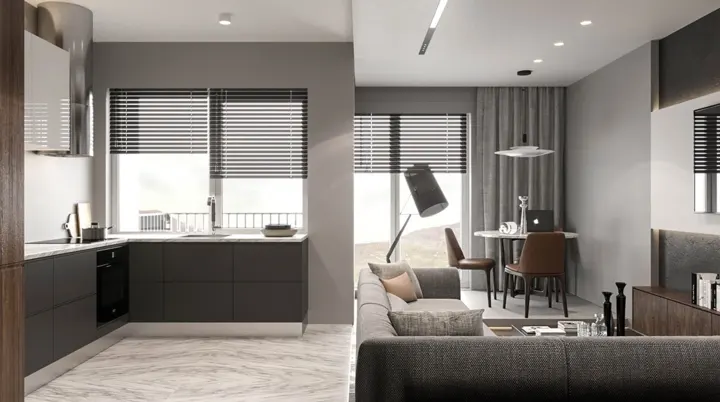 Tủ bếp chữ L đặt sát tường tiết kiệm diện tích