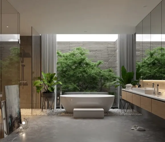Nhà tắm bố trí một nửa ngoài trời một nửa trong nhà không cần quá nhiều thiết bị chiếu sáng