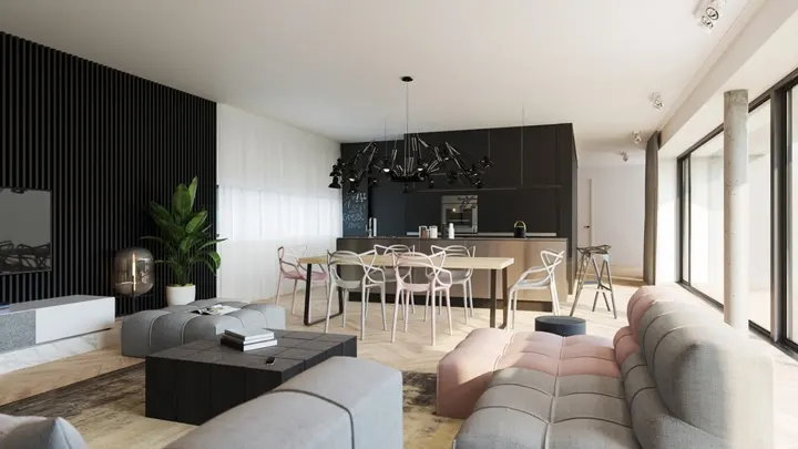 Bàn ăn và bếp nấu đặt liền kề nhưng vẫn có sự phân chia rõ ràng thông qua màu sắc tường