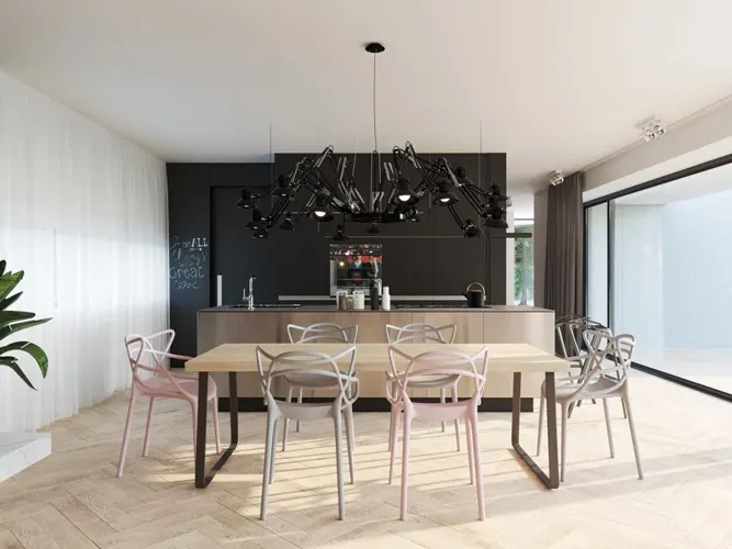 Bàn ăn gỗ kết hợp với ghế ăn và đèn kiểu chân nhện mang đến một không gian ăn uống ấm áp và độc đáo