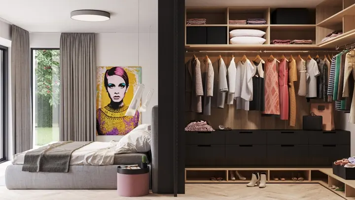 Phía sau giường là tủ quần áo được trang trí với vô số khối vuông bằng gỗ