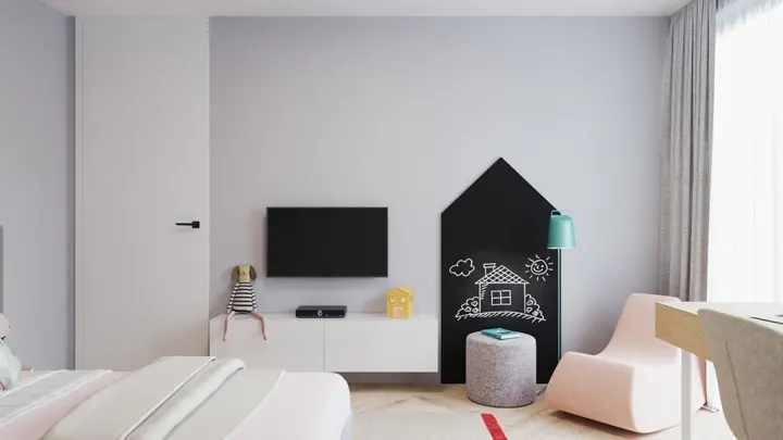 Ghế màu hồng thể hiện rõ tính cách của một đứa trẻ, một chiếc ghế đẩu màu xám đặt cạnh bảng đen để đứa trẻ tha hồ thể hiện trí tưởng tượng của bản thân