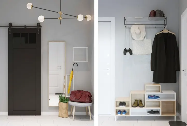 Khu vực lối ra vào trưng bày một vài chiếc kệ gỗ để đặt giày dép và áo khoác tiện lợi