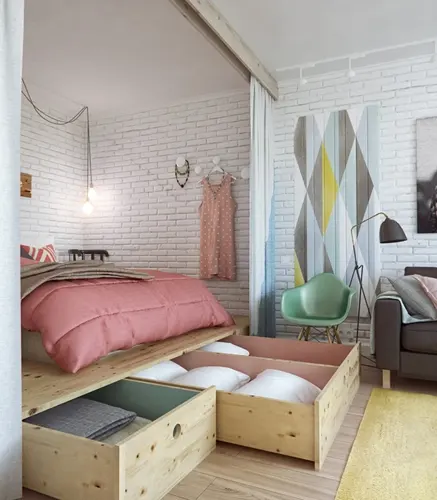 Khung giường tích hợp thêm ngăn kéo lưu trữ để sắp xếp các loại chăn gối
