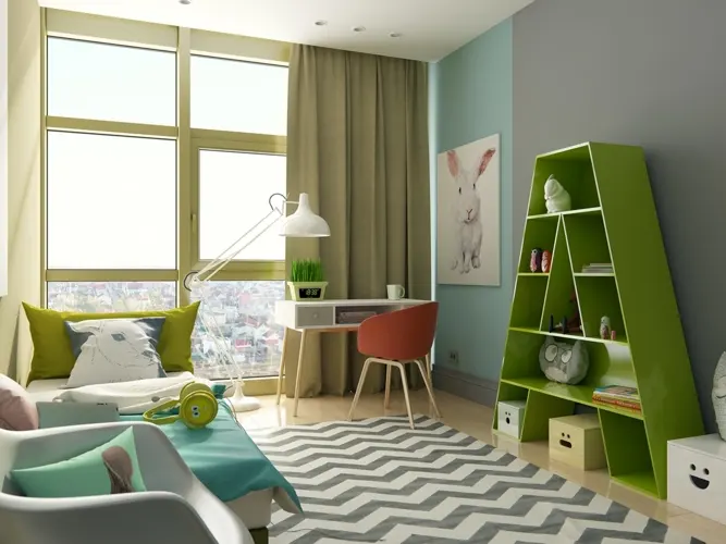 Giá để đồ màu xanh cốm có các con vật, bên cạnh bức tranh hình con thỏ sẽ khiến trẻ thích thú vì được gần gũi hơn với các loài động vật.