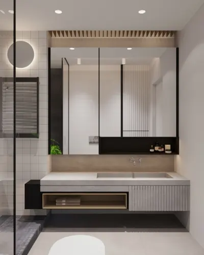Kính và bê tông mang đến một phòng tắm hiện đại, công nghiệp