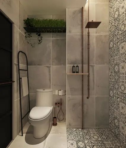 Một kệ cây xanh mang lại sức sống cho phòng tắm công nghiệp nhỏ gọn