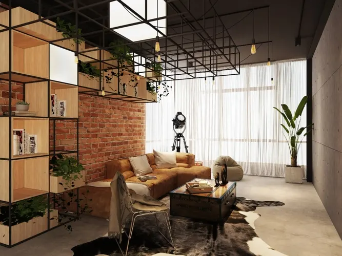 Kệ sắt bố trí dọc tường và phần trần nhà có thể trở thành hộp lưu trữ về sau