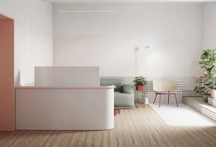Một bức tường thấp ngăn phòng khách với những khu vực chức năng khác trong nhà