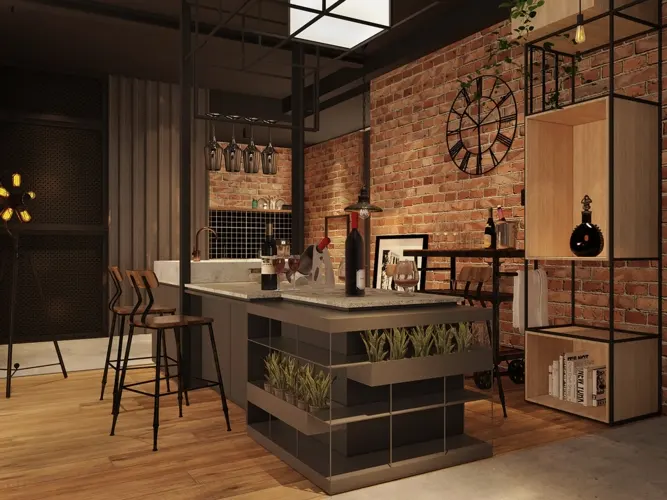 Đảo bếp đồng thời cũng là quầy bar trang trí theo phong cách công nghiệp