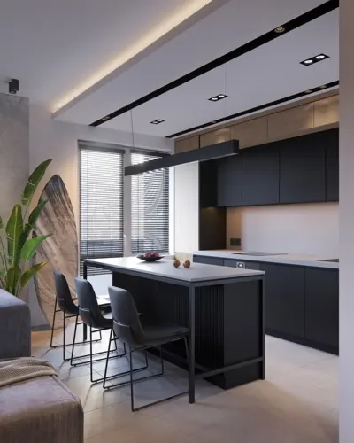 Tủ bếp màu đen nhưng mặt tủ lại sơn trắng dễ dàng cho việc làm sạch