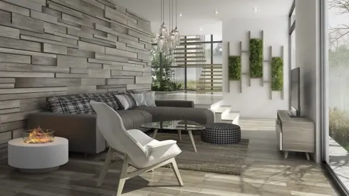 Phòng khách trở nên sang trọng và lạ mắt hơn khi có giá đỡ để cây xanh gắn trên tường