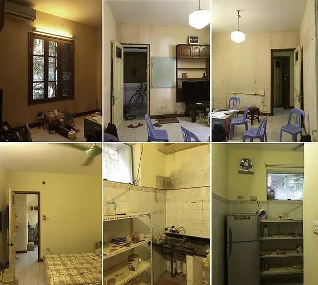 Các mảng tường nhà cũ bong tróc, không gian tối và bí bách của căn hộ trước khi cải tạo