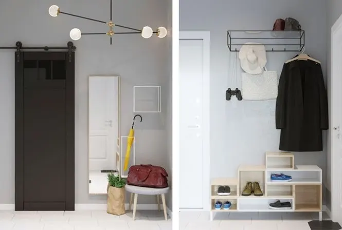 Khu vực lối ra vào trưng bày một vài chiếc kệ gỗ để đặt giày dép và áo khoác tiện lợi