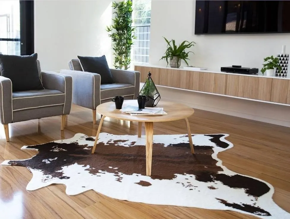 Phòng khách trang trí khá đơn giản nhưng nổi bật với thảm da bò cao cấp