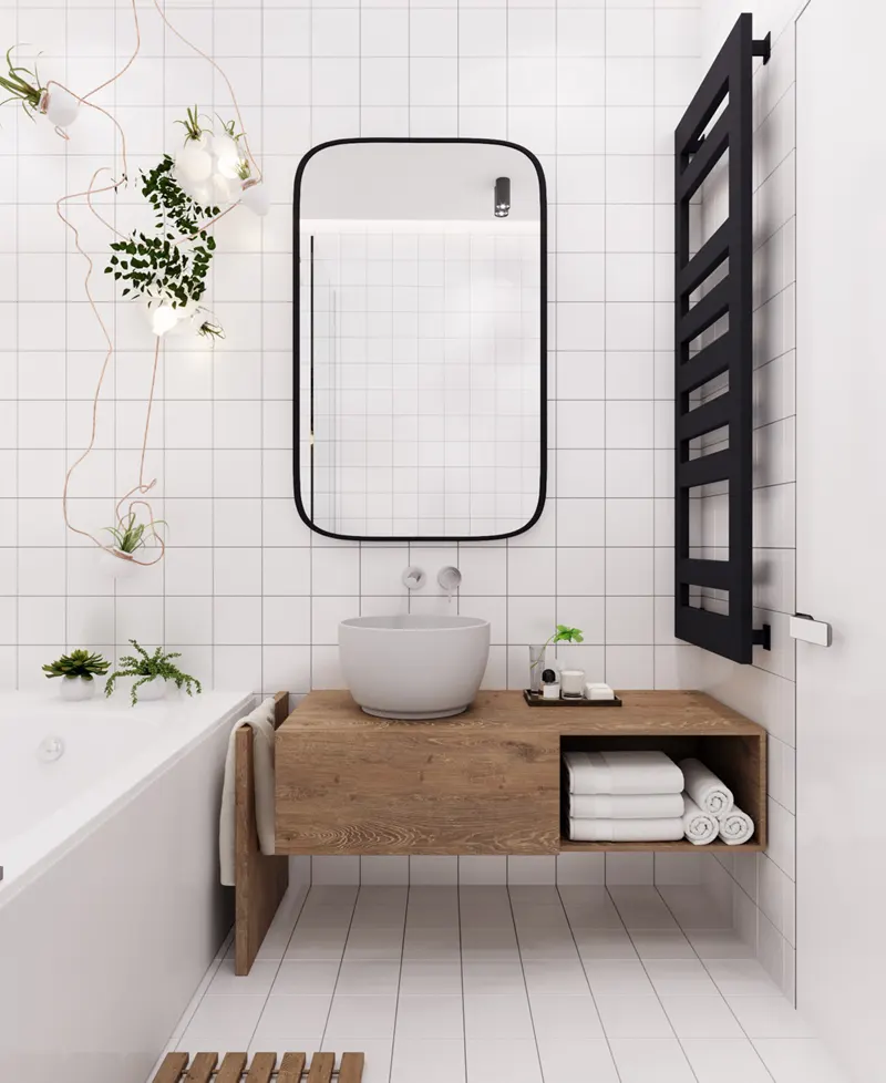 Kệ đựng đồ bằng gỗ là mảng tương phản tuyệt đẹp với tường phòng tắm màu trắng