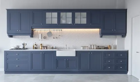 Tủ bếp được chia làm 2 tầng riêng biệt, không dính liền nhau