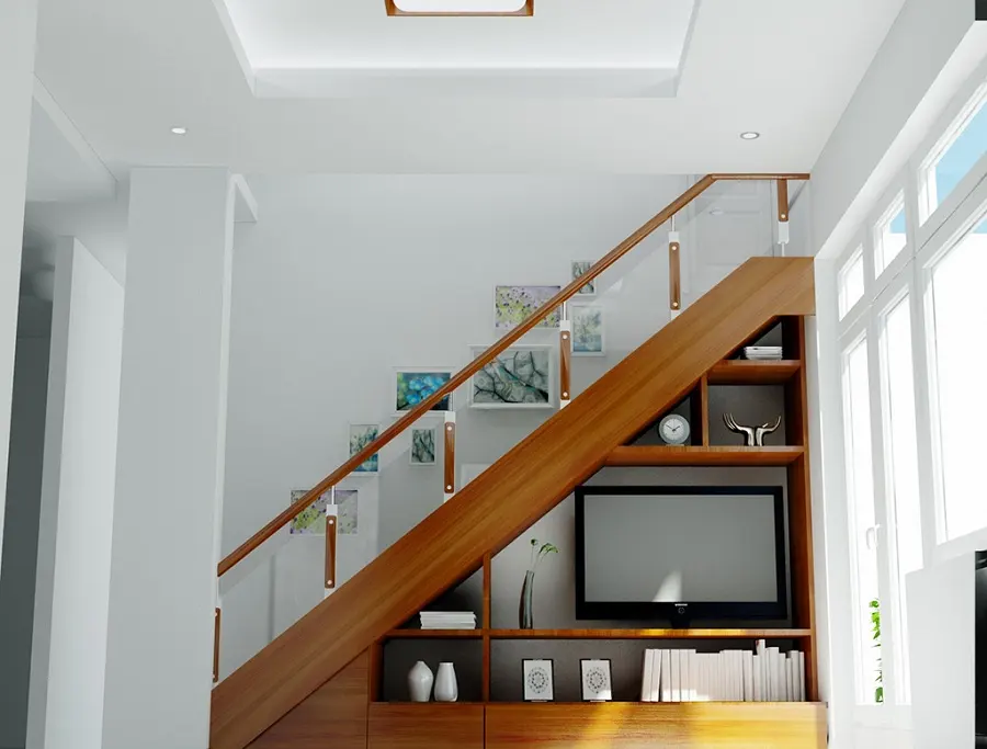 Bố trí cầu thang kết hợp cùng với công năng sử dụng khác, như: Kệ để ti vi, giá sách, tủ đựng quần áo