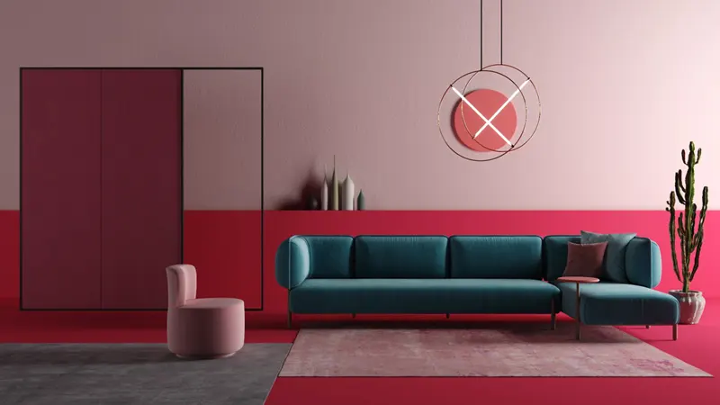 Phòng khách được bày biện đơn gian khi có bộ ghế sofa màu xanh được pha trộn trong không gian có những gam màu sáng