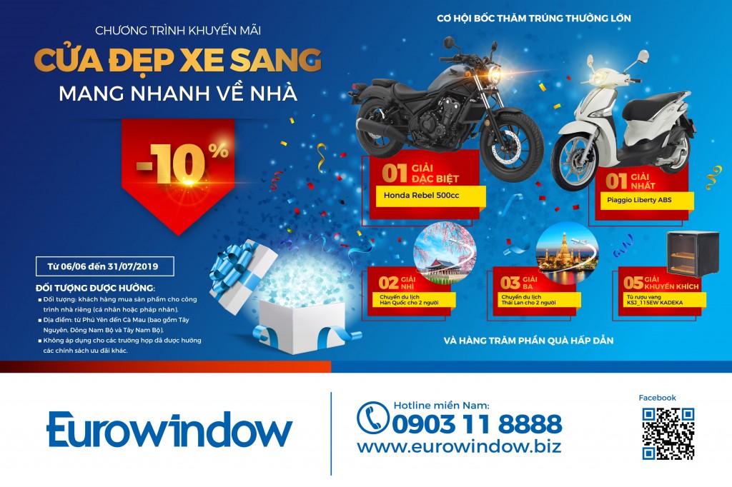 Mua cửa Eurowindow – Cơ hội trúng xe máy tay côn trị giá gần 180 triệu