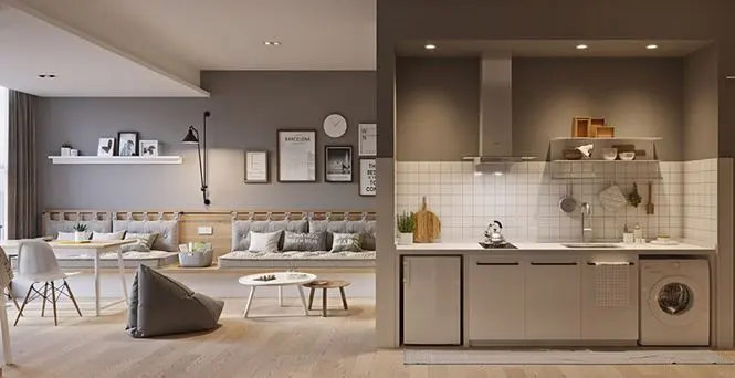 Máy giặt được tận dụng dưới khu bếp, cạnh đó khu thư giãn