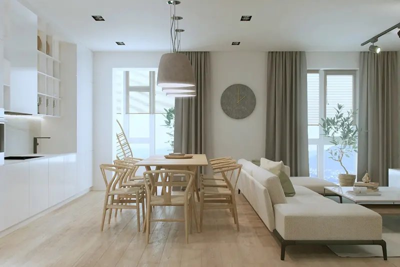 Những chiếc đèn, rèm cửa và chiếc đồng hồ cùng tông màu ghi góp phần làm nổi bật hơn cho căn nhà nhỏ