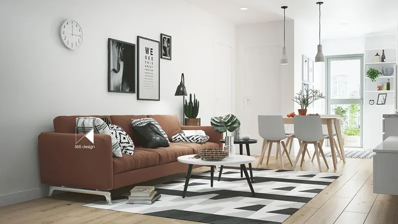 Ghế sofa màu nâu góp phần tô điểm cho căn phòng sáng sủa, có tường sơn màu trắng