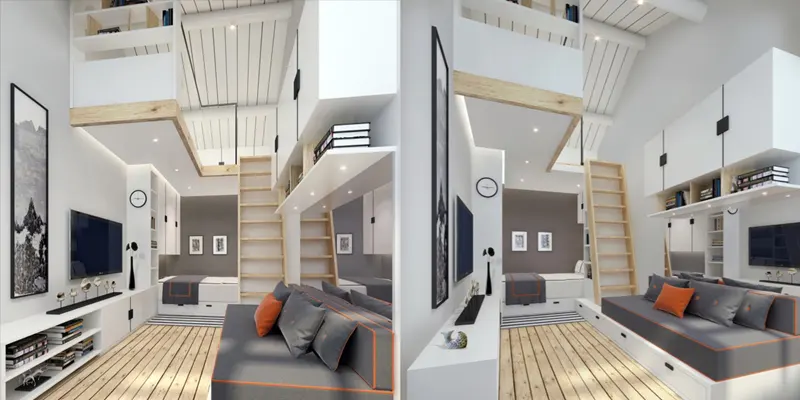 Cách bố trí tivi và bức tranh đối diện bộ ghế sofa sẽ rất tiện lợi cho gia chủ đón tiếp khách và tiết kiệm diện tích khi căn nhà còn chật hẹp