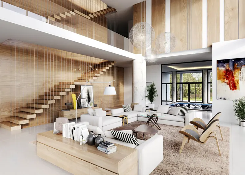 Bộ bàn ghế sofa màu trắng được kê trên tấm thảm lông góp phần tạo nên sự sang trọng cho căn phòng