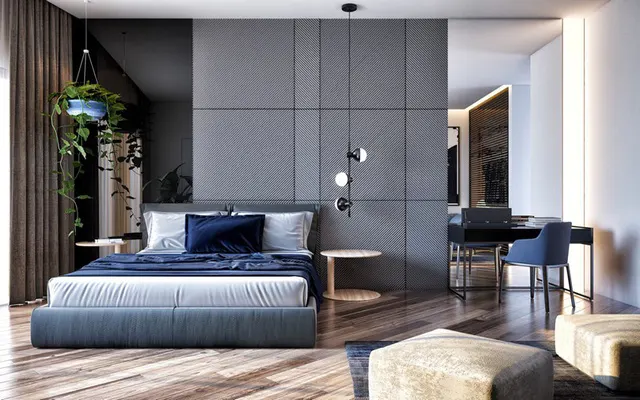 Màu xanh dương của nội thất cùng cây dây leo mang lại cho bạn một giấc ngủ yên bình