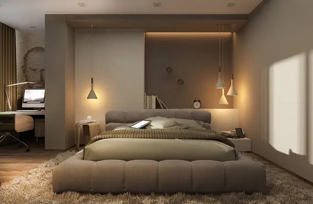 Đèn mặt dây chuyền bố trí không đối xứng giúp căn phòng thêm đặc biệt