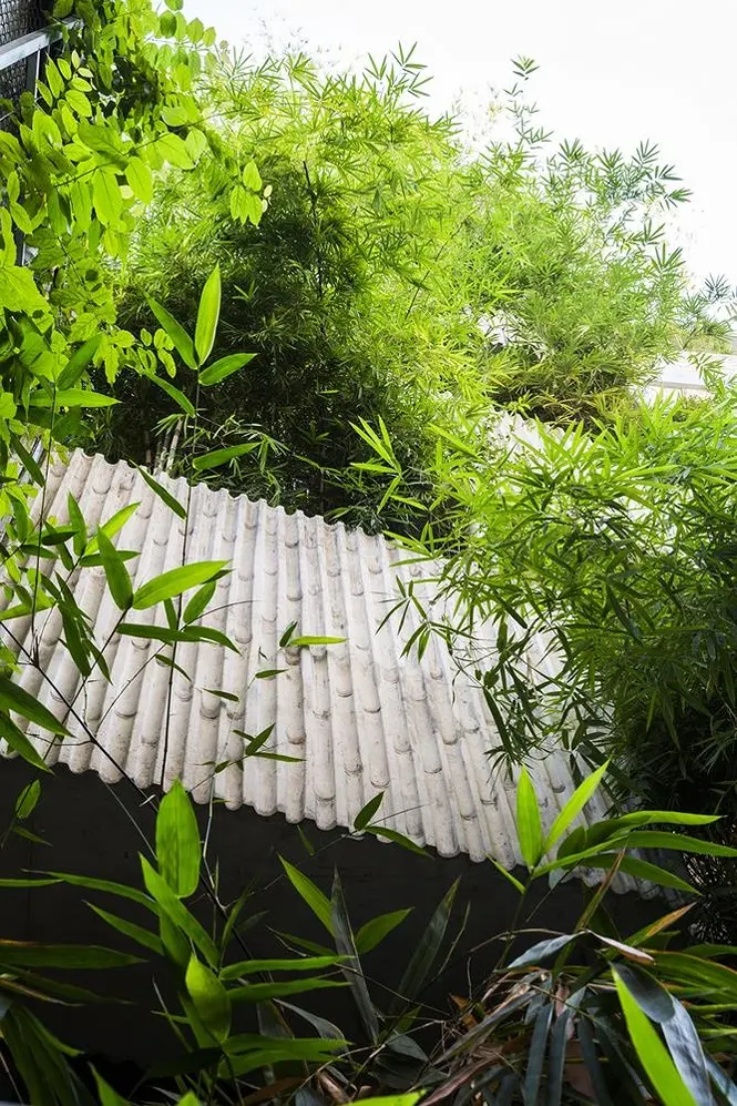 Ngoài mặt tiền, phía sau nhà cũng sử dụng trụ bê tông để trồng tre tạo sự thoáng mát, giảm thiểu việc sử dụng điều hòa vào những ngày nắng nóng.