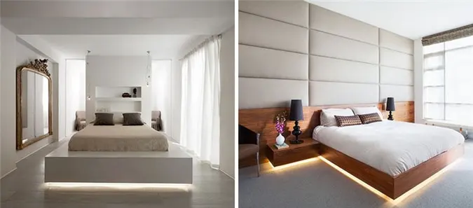 Đèn led được đặt dưới gầm giường vừa không gây chói mắt vừa cung cấp lượng ánh sáng đủ làm đèn ngủ