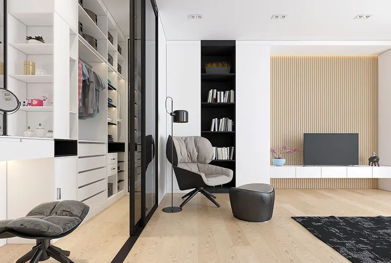 Chiếc ghế đọc sách thoải mái được kết hợp với một đèn sàn có thể điều chỉnh, thích hợp cho việc đọc sách lúc hoàng hôn hoặc ban đêm